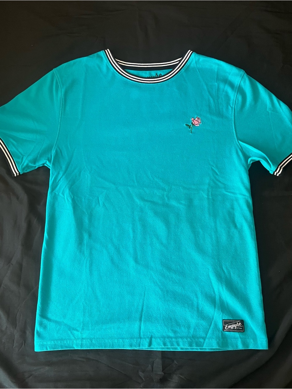 Empyre Teal Short Sleeve Ringer Tee with Pink Rose Embroidery